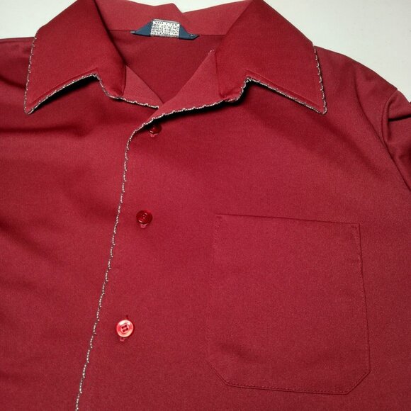 Vintage 1970s Career Club Shirt Men Large Point Collar Maroon Polyster Disco - Picture 9 of 11